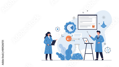 Professional scientists working in a modern laboratory environment with experimental data and large chemical glassware.