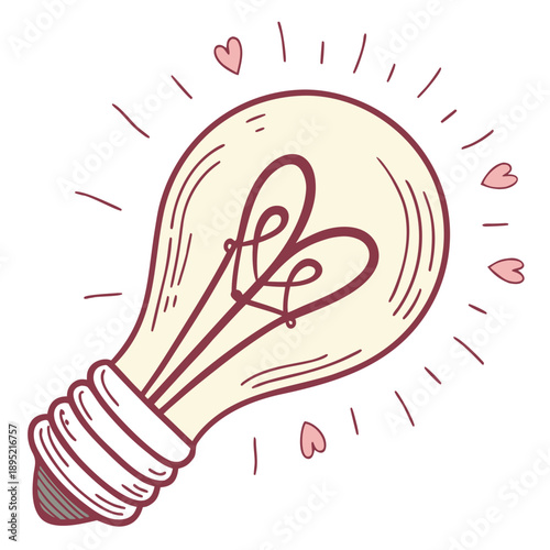 A glowing light bulb with a heart-shaped filament illuminates ideas, symbolizing creativity, inspiration, and love.