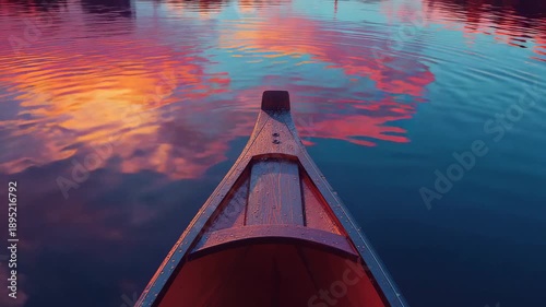 Sunset Canoe: A wooden canoe glides across calm waters, reflecting the vibrant hues of a breathtaking sunset, creating a serene and picturesque scene.