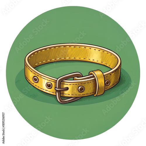 Classic Leather Dog Collar Illustration in Vintage Style with Buckle, Pet Accessory Icon on Green Circular Background.