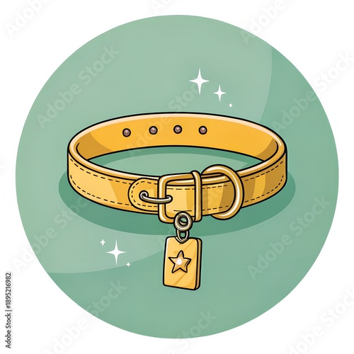 Classic Leather Dog Collar Illustration in Vintage Style with Buckle, Pet Accessory Icon on Green Circular Background.
