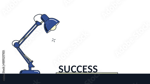 Blue desk lamp jumping dynamically over the word success to represent overcoming obstacles and achieving goals.