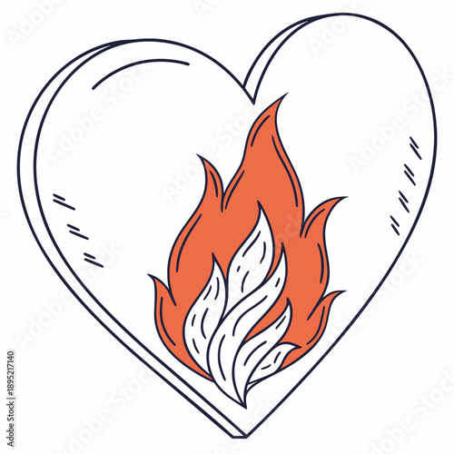 A vibrant flame contained within an abstract heart outline, symbolizing passionate love and intense emotion. Vector illustration.