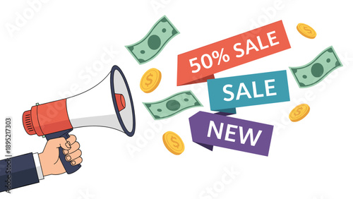 Hand holding a megaphone announcing a sale with paper money and gold coins flying out as promotional retail symbols.