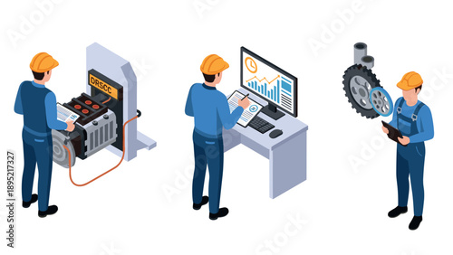 Isometric industrial engineer: machine inspection, data analysis, gear assembly