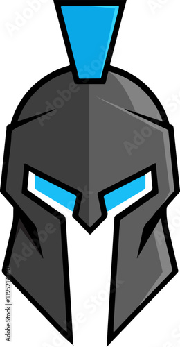 Neon blue and charcoal Spartan helmet mascot vector for gaming logos and e-sports team branding