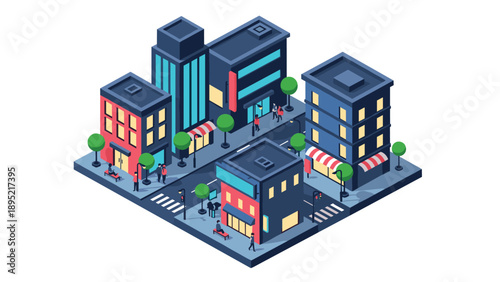 Vibrant isometric urban city block with shops and trees
