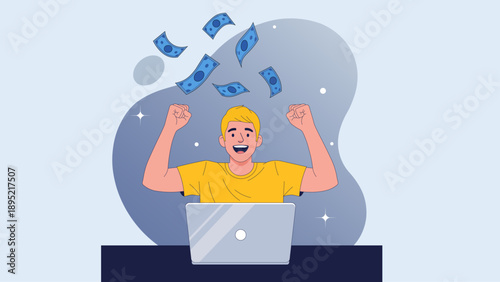 Man celebrating success with money falling around him, online earnings and financial gain concept, flat vector illustration