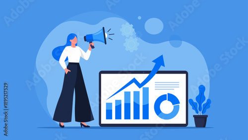 Woman with megaphone announces business growth chart on laptop, digital marketing and analytics concept, flat illustration
