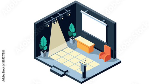 Modern conference room isometric design with stage and seating
