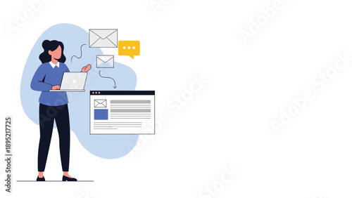 Businesswoman working on her laptop while sending several digital emails with floating message icons in the air.