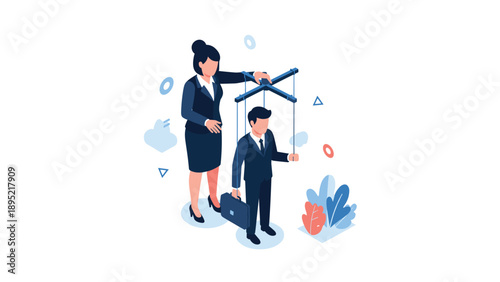 Businesswoman controlling a smaller businessman puppet with strings to represent corporate manipulation or control.