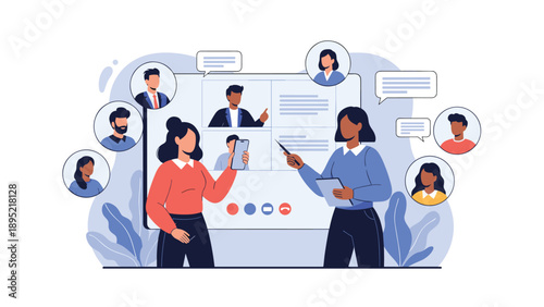 Professional women conducting an online business presentation via video conference to a diverse group of remote participants.