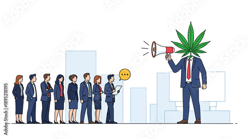 Group of business people lining up to listen to a man with a cannabis leaf head speaking through a megaphone in a city setting.