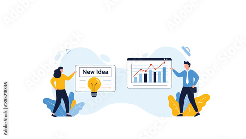 Business team presenting a new creative idea with charts and lightbulb graphics on boards in a collaborative workspace environment.