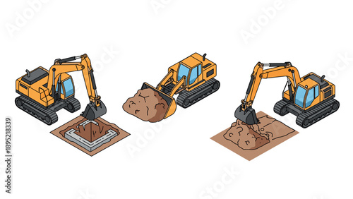 Isometric construction equipment with excavators and loaders in action
