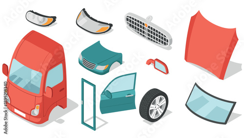 Isometric auto parts collection featuring car hood grille mirrors and tires