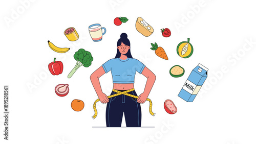 Healthy young woman measuring her waist while surrounded by an assortment of fresh fruits, vegetables, and dairy products.