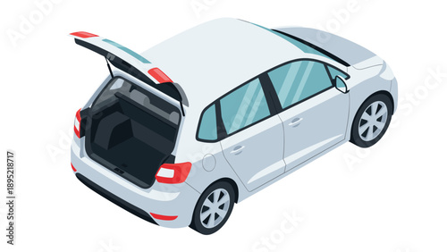 Isometric white car with open trunk on white background