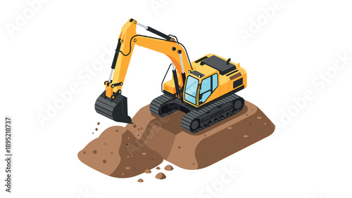 Construction site excavator in action on pile of dirt with isometric design