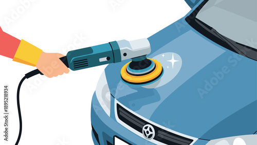 Car polishing in action: hands using machine to shine blue vehicle