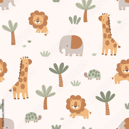 Neutral Cute Safari Animal Seamless Pattern with Giraffe, Lion and Elephant for Baby Nursery Fabric and Wallpaper