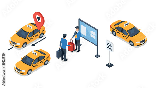 Isometric taxi service concept with pickup and navigation icons