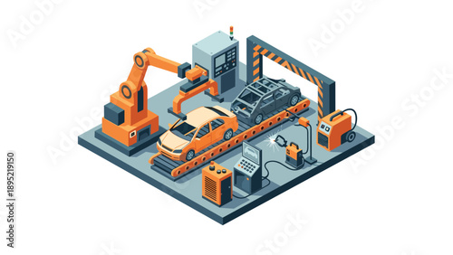 Modern car manufacturing process with robotic arms in isometric style