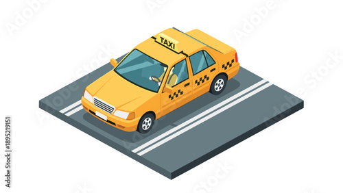 Isometric yellow taxi cab on road