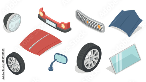 Isometric car parts set with tires mirrors and hoods on white background