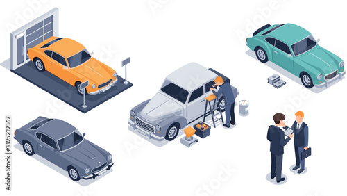 Isometric classic car maintenance scene with garage and business discussion