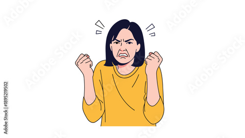 Young woman with dark hair expresses intense anger and frustration with clenched fists and a furious facial expression on white.