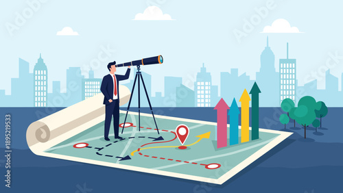 Businessman uses a large telescope on a tripod to view success milestones and growth arrows over a detailed project roadmap or map.