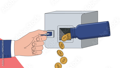 Hand uses a key to unlock a secure vault while gold coins pour out from a blue bottle representing savings and financial rewards.