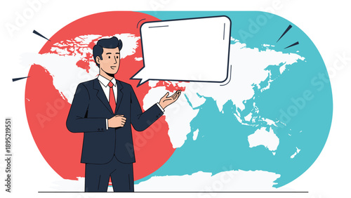 Professional man in a dark suit stands before a world map with a large blank speech bubble to deliver an important global message.