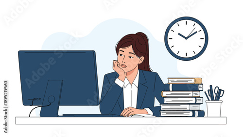 Tired office employee rests her head on her hand while looking at her computer monitor late at night with stacks of work nearby.