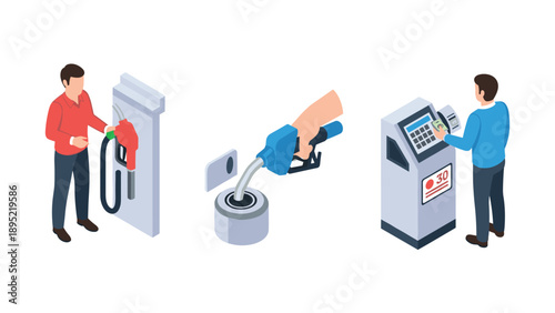 Isometric gas station concept: fuel pump, payment terminal, and car refueling