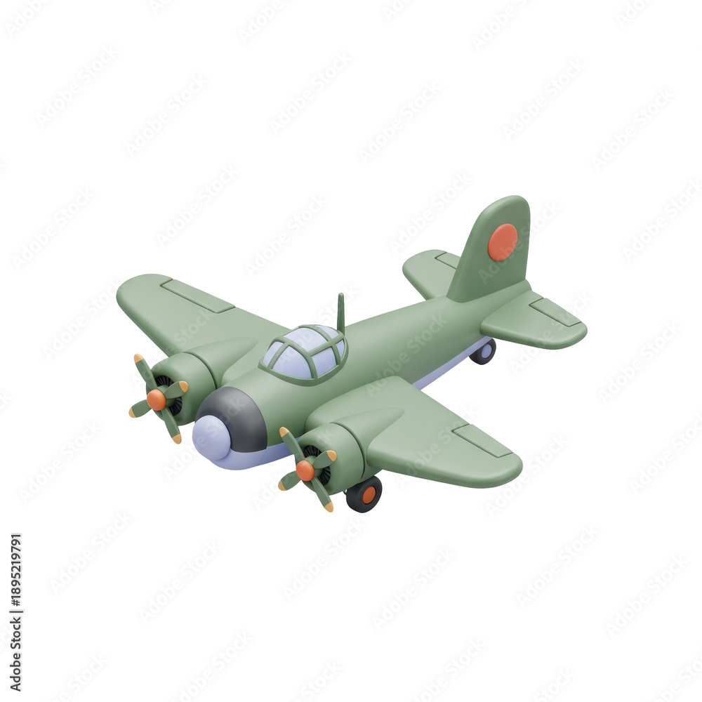 Fototapeta premium Stylized green twin-engine propeller airplane isolated on a white background.