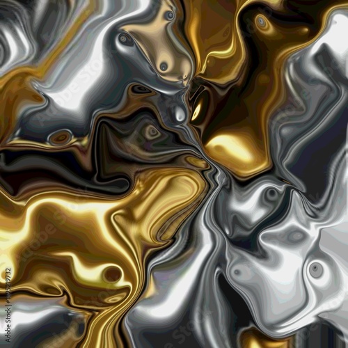 Vászonkép A fluid, abstract swirl of molten gold and silver metallic substances with high reflectivity and distorted surfaces
