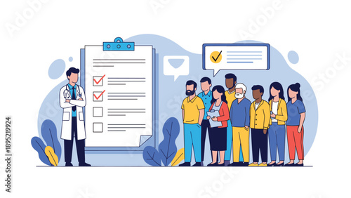 Professional male doctor in a white coat stands next to a giant medical checklist while various patients wait in line.