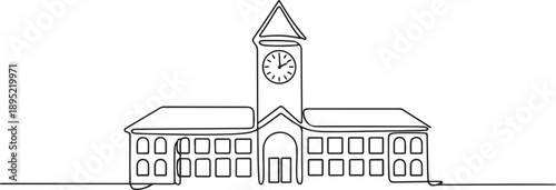 continuous one line drawing of a school building or train station with a clock tower vector sketch.one line vector illustration with white background.