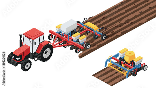 Isometric farming tractor with seed planter on soil background
