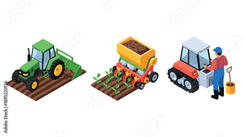 Isometric farming equipment and farmer on agricultural field