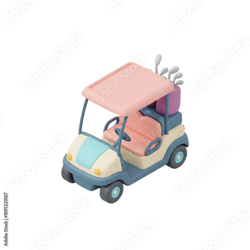 Stylized 3D rendered golf cart in pastel colors on a white background.