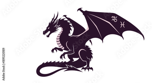 Black Dragon Illustration with Outstretched Wings.