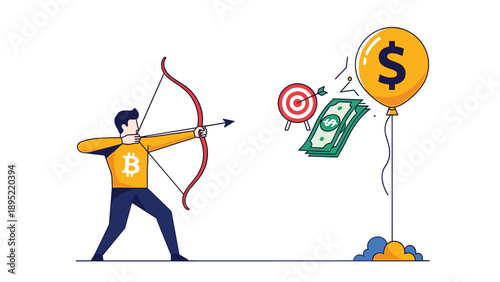 Archer wearing a bitcoin shirt aims his bow at a large yellow balloon with a dollar sign surrounded by money.