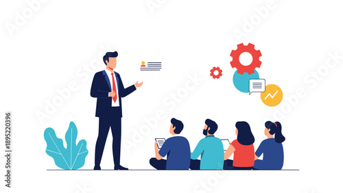 Business leader presents personal profiles and data to a group of attentive coworkers using interactive icons and gears.