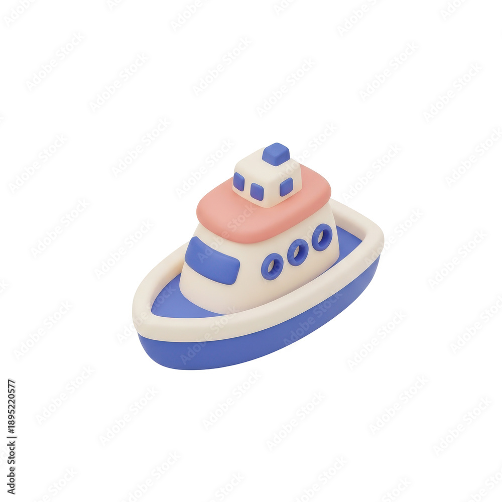 Fototapeta premium Charming blue and white claymation style toy boat isolated on white.
