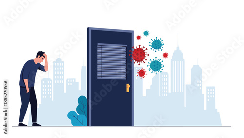 Sad man stands outside a closed door where various colorful virus icons are seen through the window in a city.
