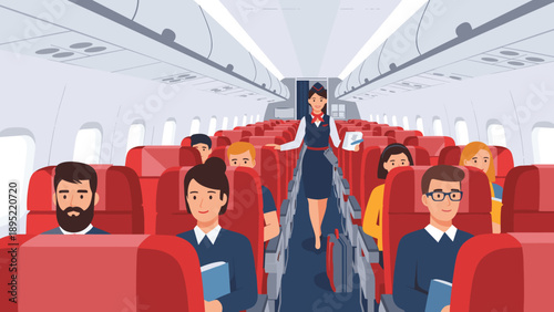 Flight attendant walking down aisle of modern airplane cabin with diverse passengers seated during commercial air flight.